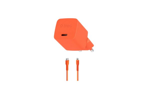 ttec light 20 orange 1 Ttec SmartCharger GaN 20W PD Ταχυφορτιστής Ταξιδιού USB‑C – Lightning Καλώδιο 120cm Neon Orange - Image 1